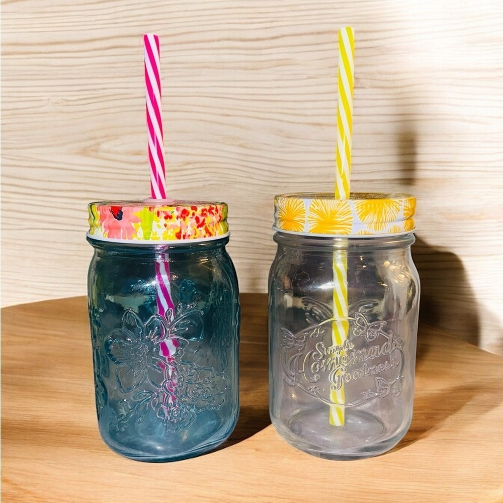 Pioneer Woman Set of 2  8oz Glass Mason Jar Drinking Mugs With Straws